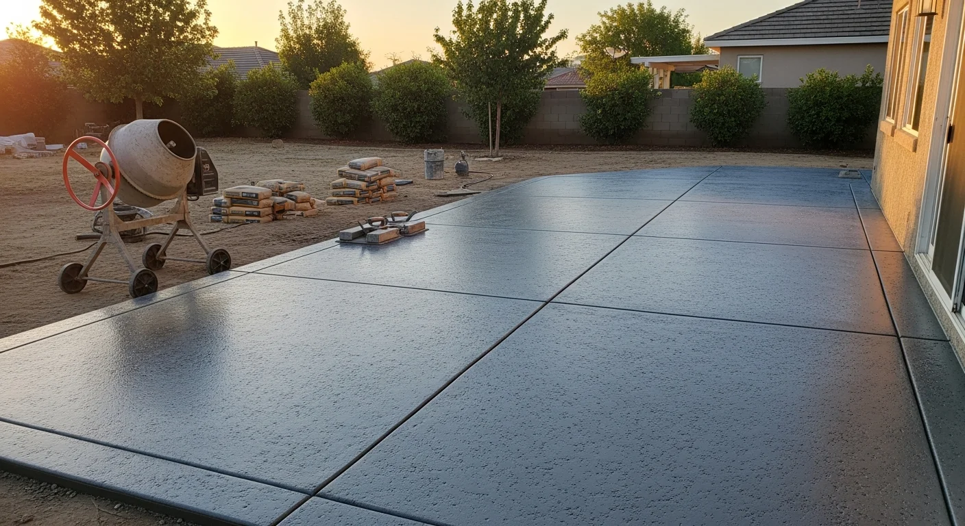 Finished concrete patio slab with epoxy flooring