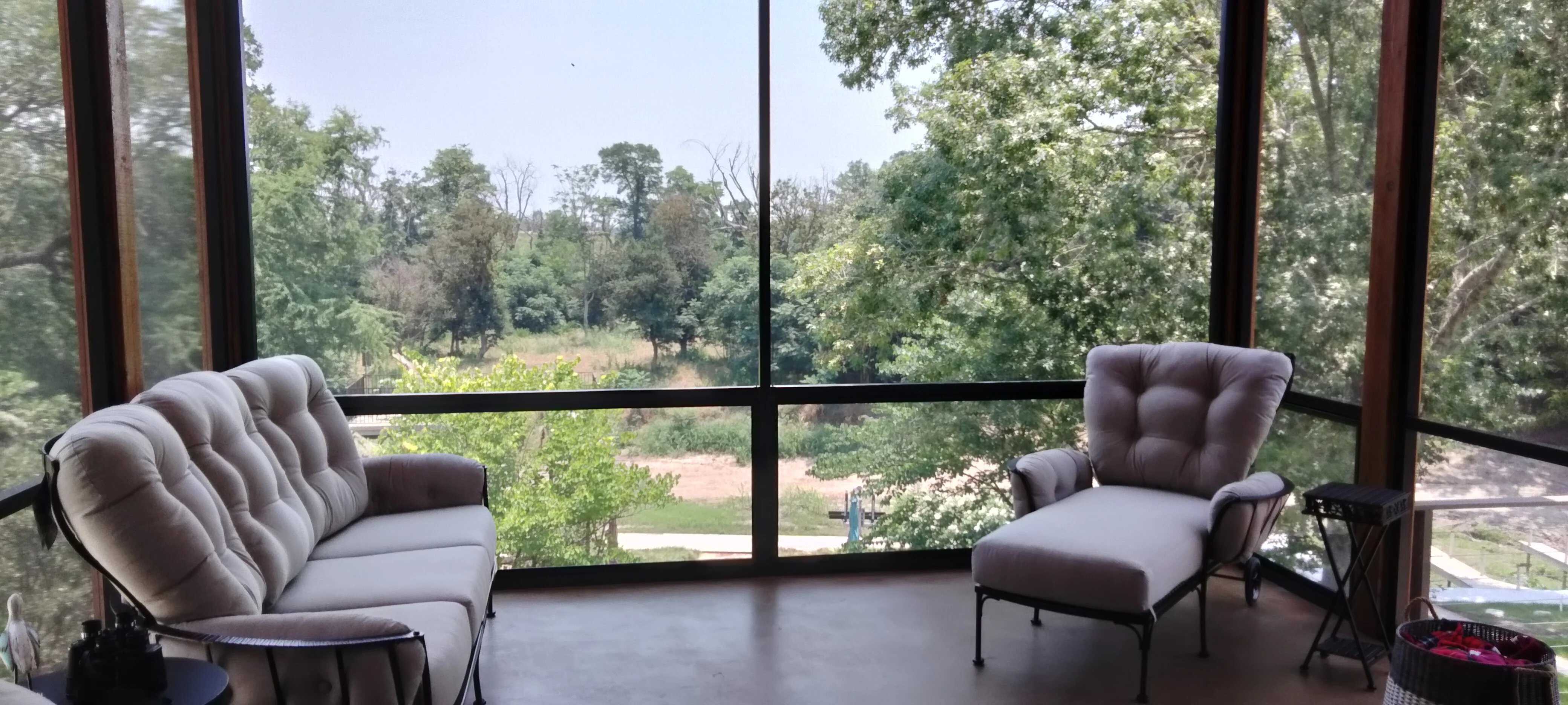 Glass patio enclosure with metal frame and forest views, concrete flooring