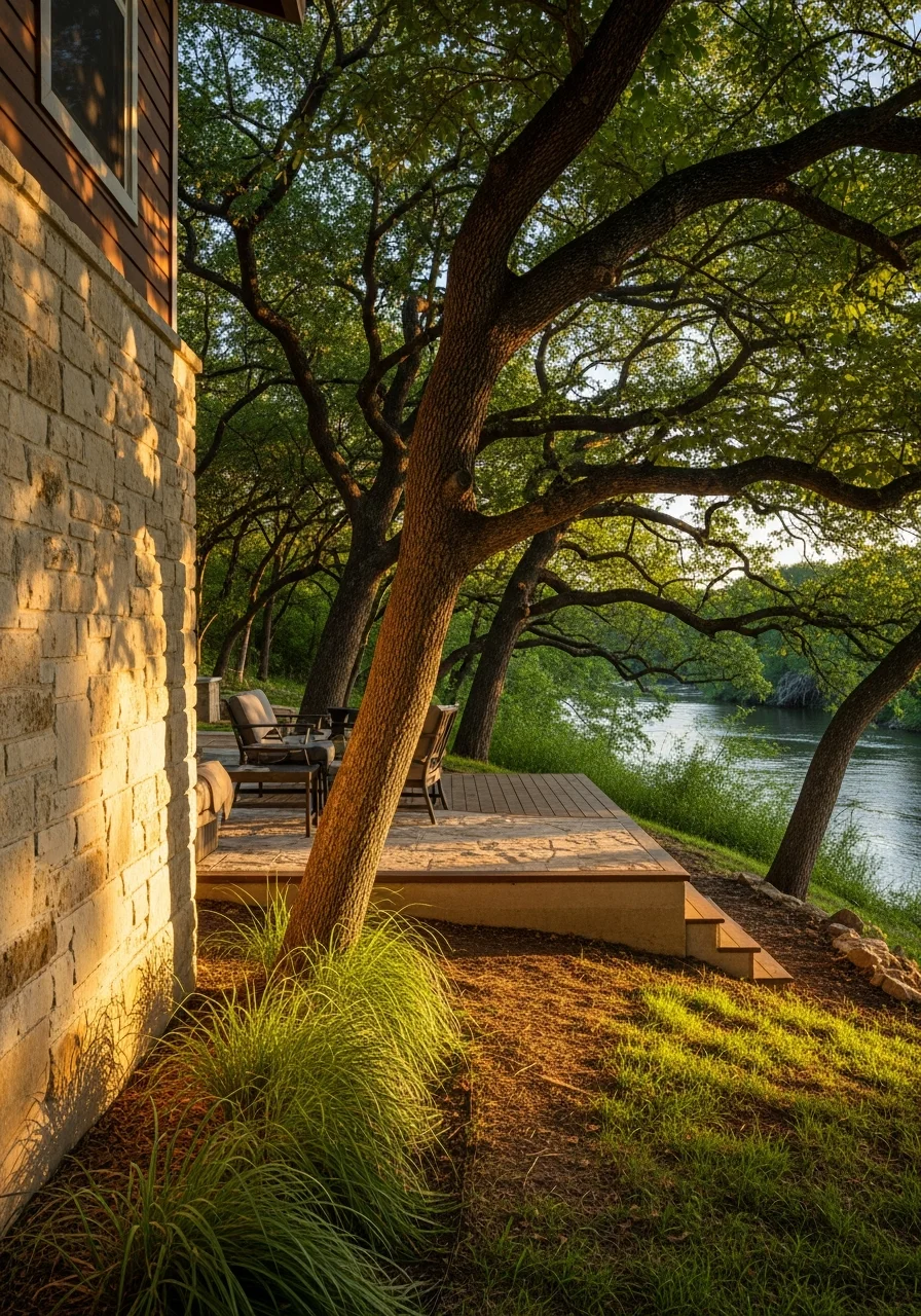 A service team member standing beside a well-maintained New Braunfels property with river-area vegetation, demonstrating local expertise.
