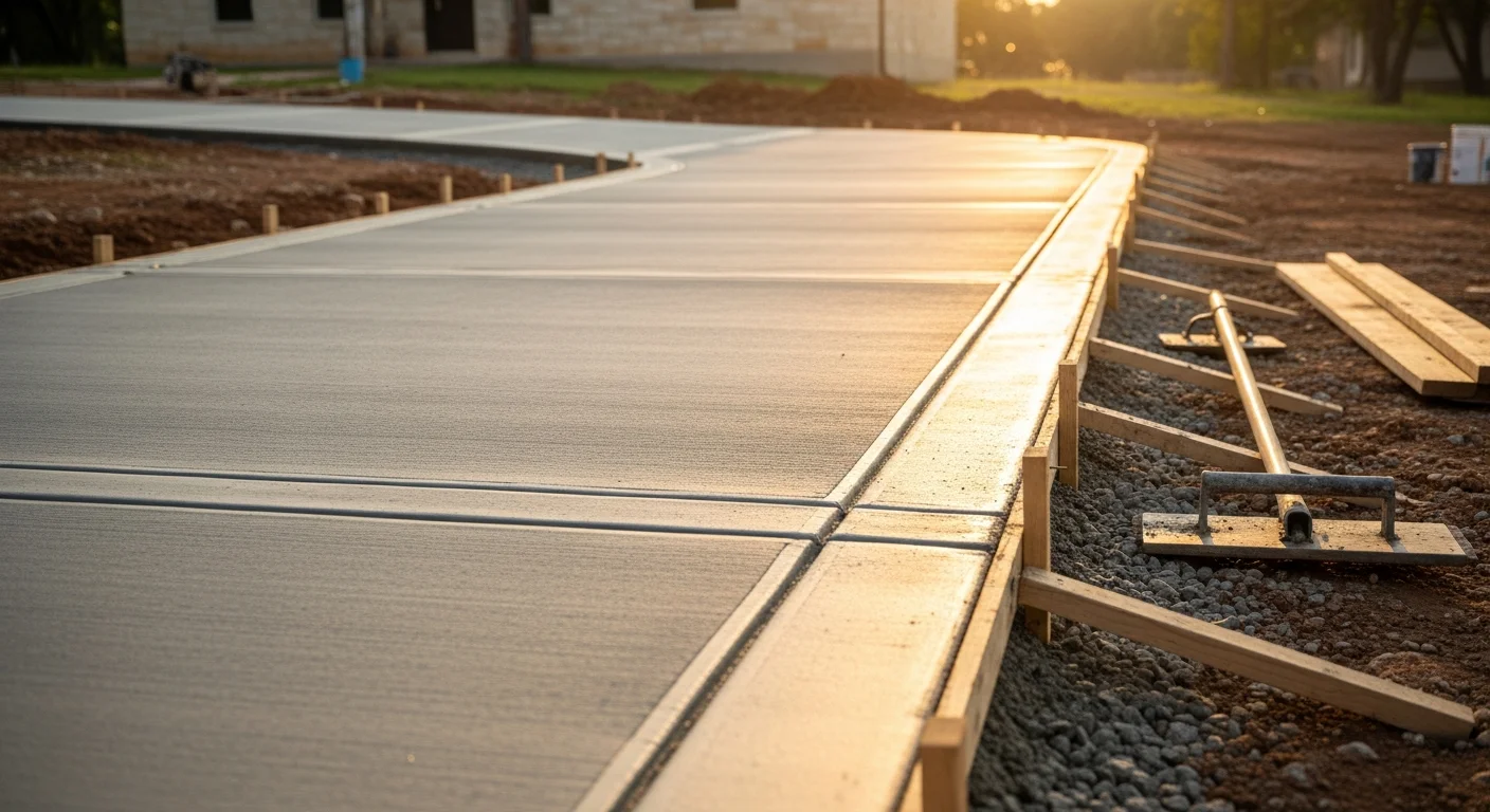 A freshly poured concrete driveway leading to a single-family home on a sloped lot in Bulverde, Texas, with a brushed finish and clean expansion joints visible along the surface. The surrounding landscape shows natural Hill Country terrain with rocky soil and native vegetation along the driveway edges.
