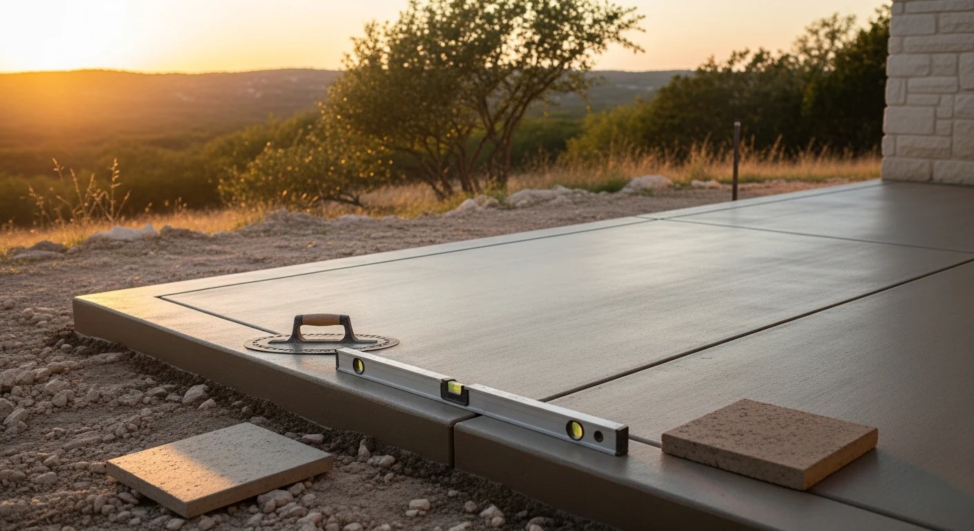 A freshly finished concrete patio slab with a broom texture and clean control joints outside a Bulverde, Texas home. The surface connects to an enclosed patio structure with Hill Country limestone landscaping visible in the background.