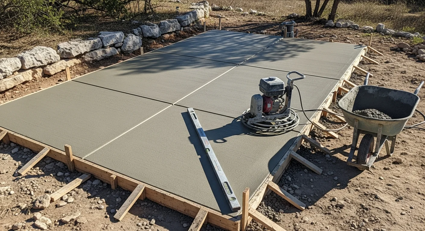 A freshly poured concrete patio behind a single-family home in Bulverde, Texas, with a smooth finish and clean edges ready for a patio cover installation. The slab sits level against the home's back exterior in a Hill Country residential yard.