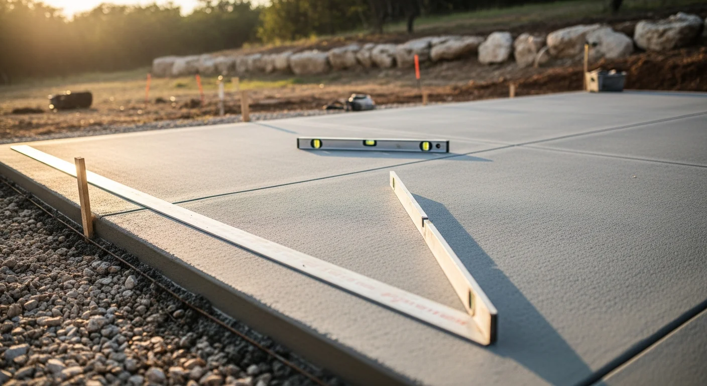 A freshly poured concrete patio slab behind a single-story residential home in Bulverde, Texas, with Hill Country terrain visible in the background. The slab surface is smooth and level, ready for a patio cover or outdoor seating area.