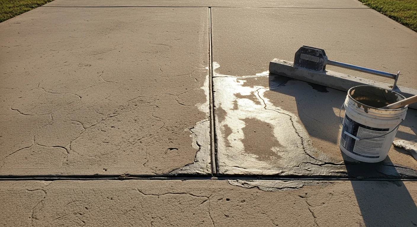 A repaired concrete patio slab at a Bulverde, Texas home showing filled cracks and a smooth, level surface. The outdoor space connects to a covered patio enclosure with a clean, finished concrete floor.
