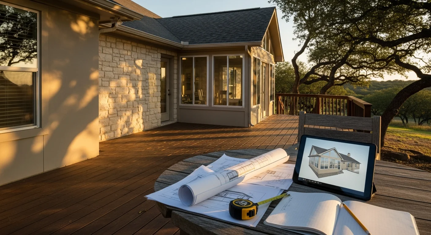 A Bulverde homeowner and a sunroom builder consultant reviewing an enclosure design plan on a residential back patio. The existing patio and Texas Hill Country backyard are visible in the background.