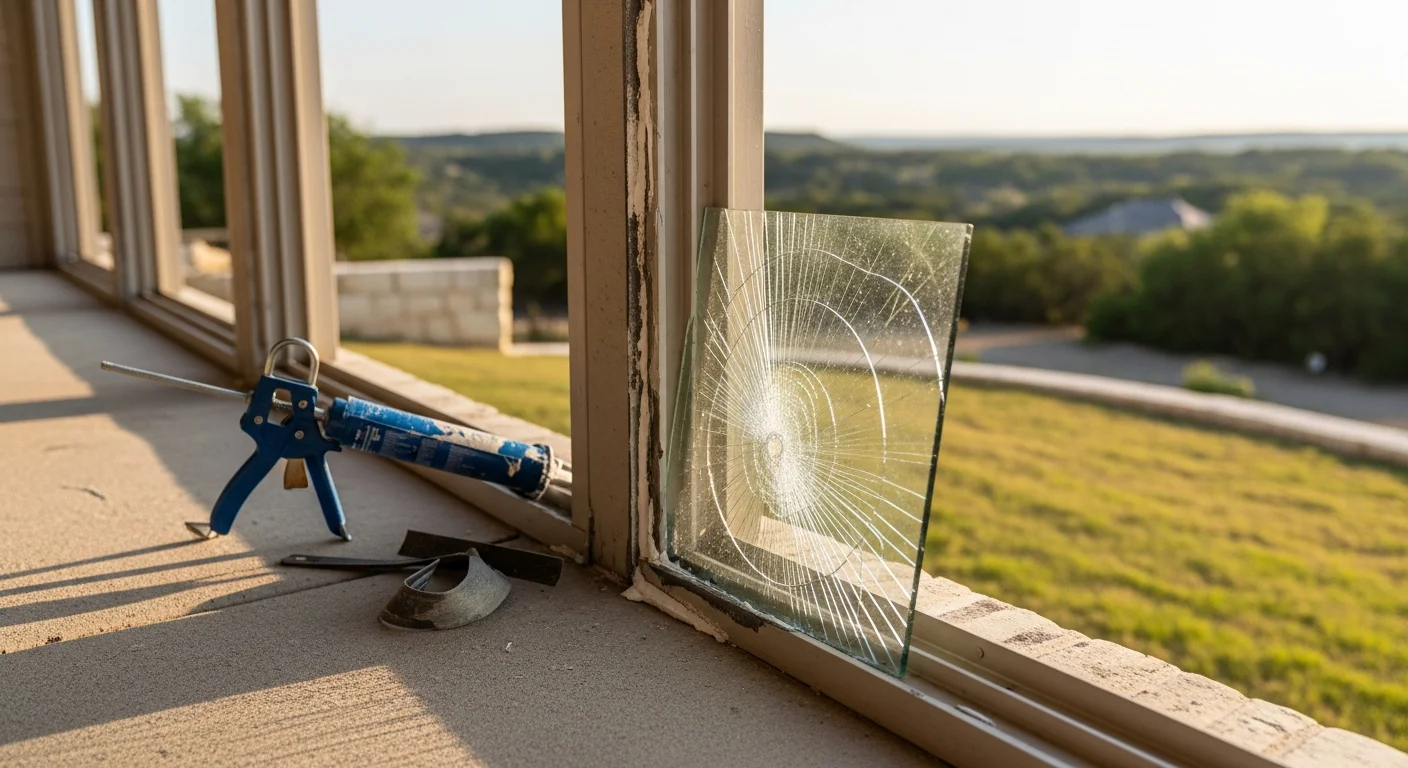 A repaired patio enclosure on a Bulverde, TX home showing restored screen panels and resealed aluminum framing. The structure connects to the back of a Hill Country residential property with a clear view of the surrounding landscape.