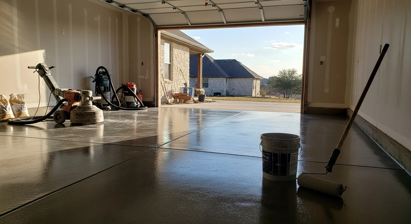 Freshly installed epoxy floor coating on a residential garage slab in Bulverde, TX, showing a smooth, high-gloss gray surface with a clean, dust-free finish. The enclosed space has a metal roll-up door open to a typical Hill Country residential driveway.