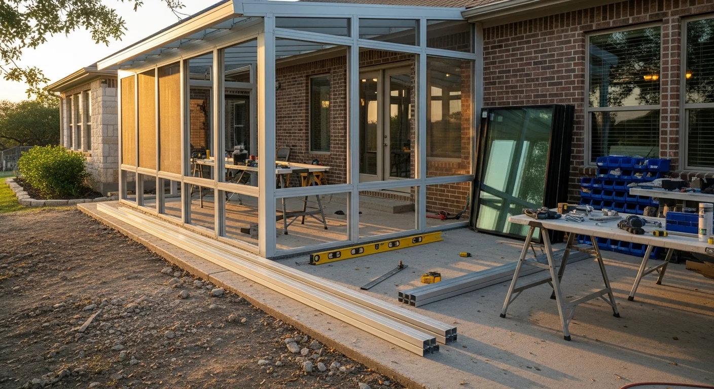 A custom glass enclosure built by Oasis Patio Enclosures on a Bulverde home, showing floor-to-ceiling glass panels, a clear view of the backyard, and interior seating arranged for everyday use.
