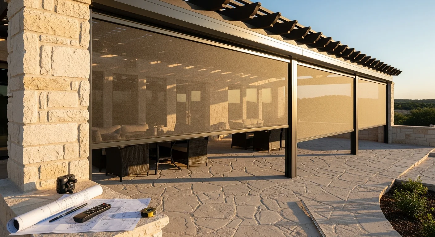 A motorized retractable screen room installed on a Bulverde home patio, with screens fully lowered to enclose the outdoor space on a sunny afternoon. The Hill Country backyard is visible through the fine mesh screen, showing clear outward visibility from inside the enclosed patio.