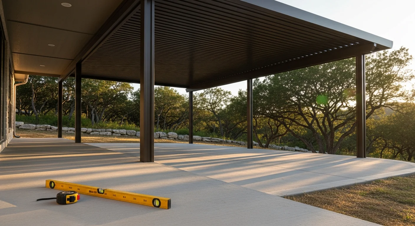 A custom attached patio cover installed on a Bulverde, Texas home, with a solid roof panel extending over a concrete patio and backyard seating area. The structure ties into the home's existing roofline and provides full shade across the outdoor living space.