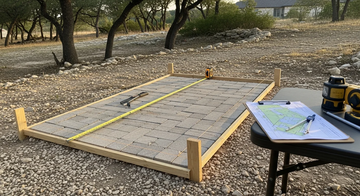 A Bulverde homeowner and a patio builder reviewing an outdoor space layout in a Hill Country backyard during a patio design consultation. The yard shows open space with natural terrain and partial shade coverage from an existing structure.