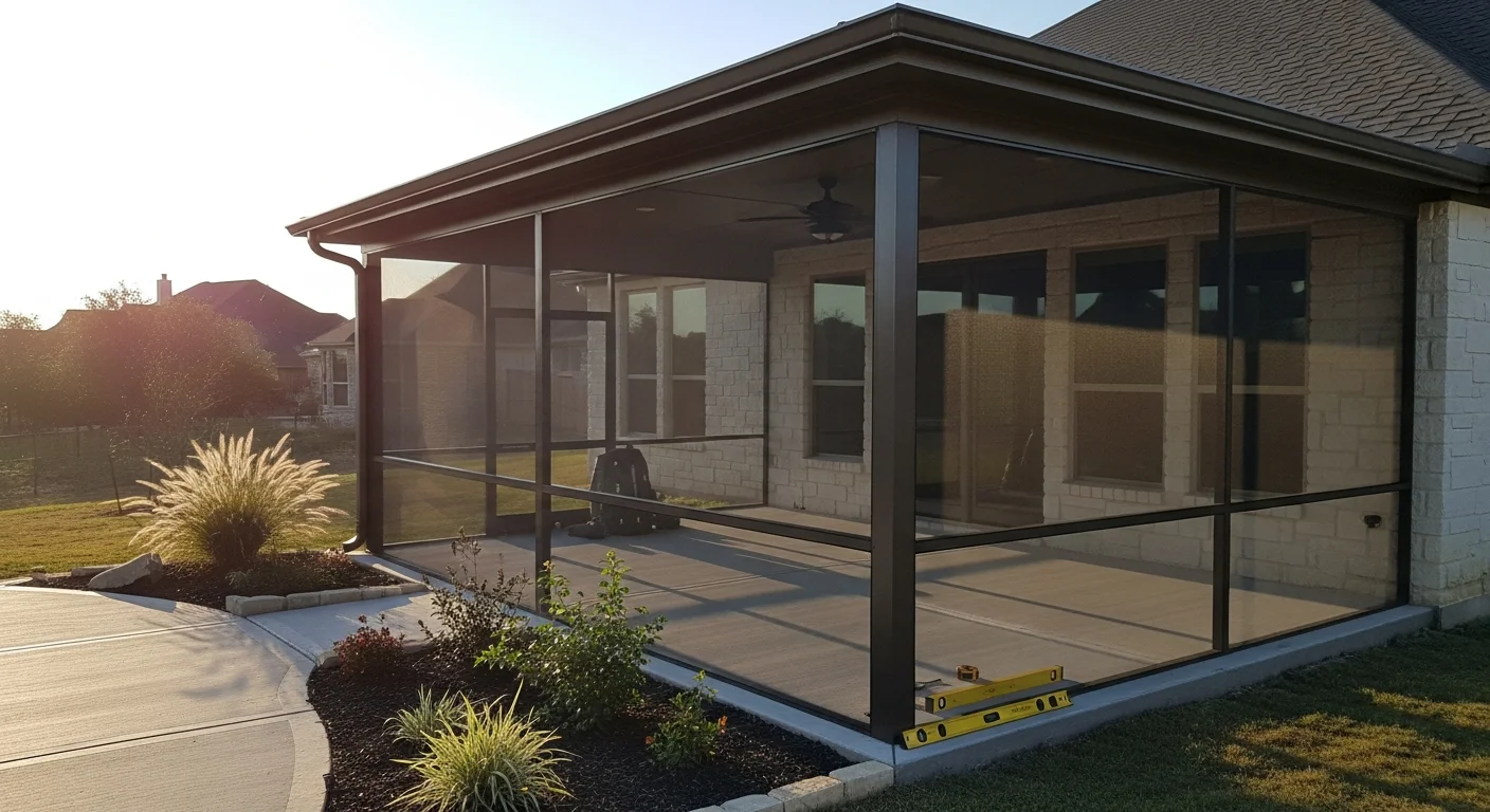 A custom patio screen enclosure built by Oasis Patio Enclosures on the back of a single-story home in Bulverde, Texas. The screened structure encloses an outdoor dining area with views of a landscaped Hill Country backyard.