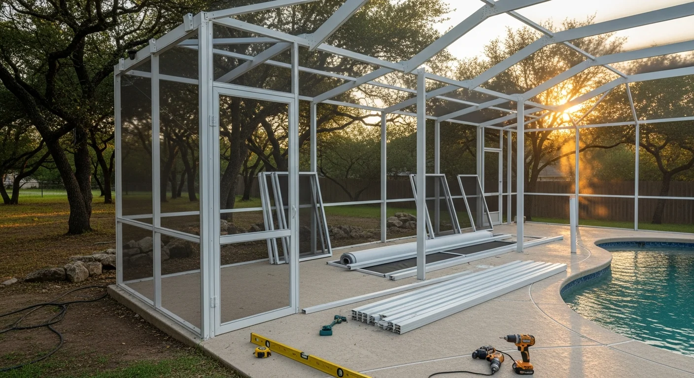 A screened aluminum pool cage enclosing an inground backyard pool and surrounding deck at a Bulverde, Texas home. The structure features white aluminum framing and full-perimeter screen panels under a clear Texas sky.