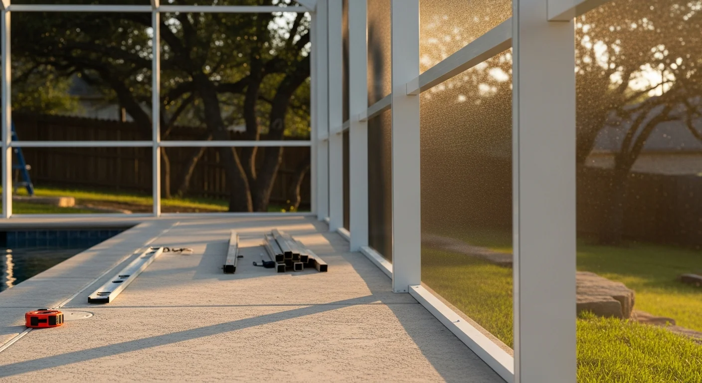 A screened pool cage enclosure surrounding a residential backyard swimming pool in Bulverde, Texas, with a clear aluminum frame and open mesh panels. The Hill Country landscape is visible through the screen walls on a sunny afternoon.