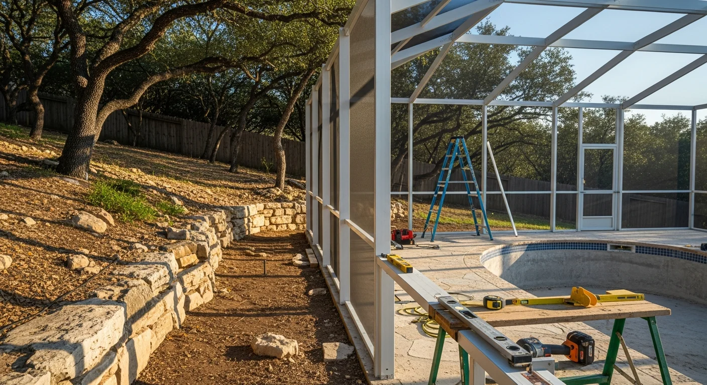 A screened pool enclosure installed over a backyard swimming pool on a residential property in Bulverde, Texas, with Hill Country landscape visible in the background. The aluminum frame and mesh screen panels enclose the full pool perimeter under a clear Texas sky.