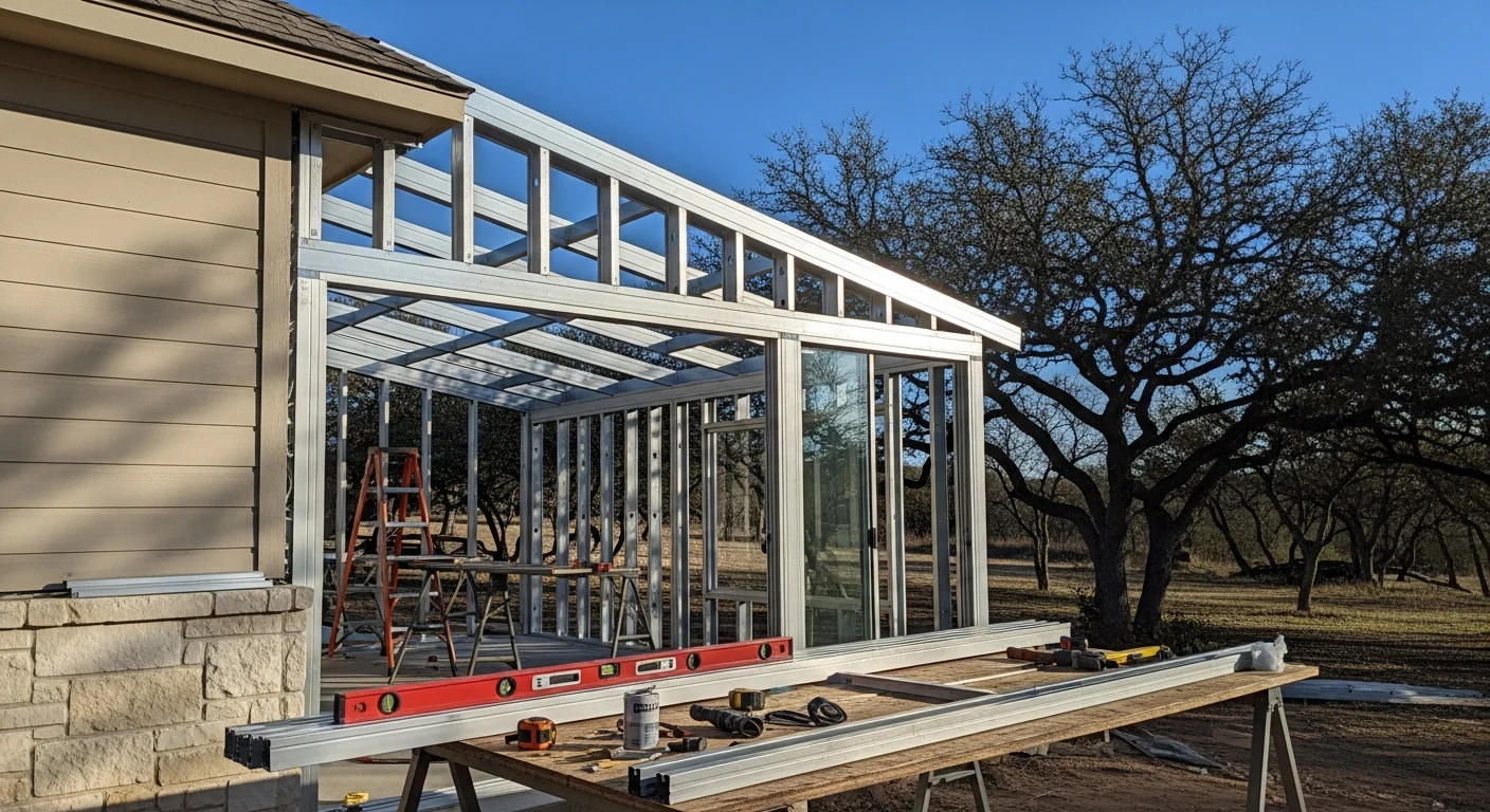 A finished seasonal room addition on a Bulverde, Texas home, featuring glass panel walls, a solid roof, and a view of the surrounding Hill Country landscape. The enclosed space is furnished as a sitting area with natural light coming through the full-length windows.