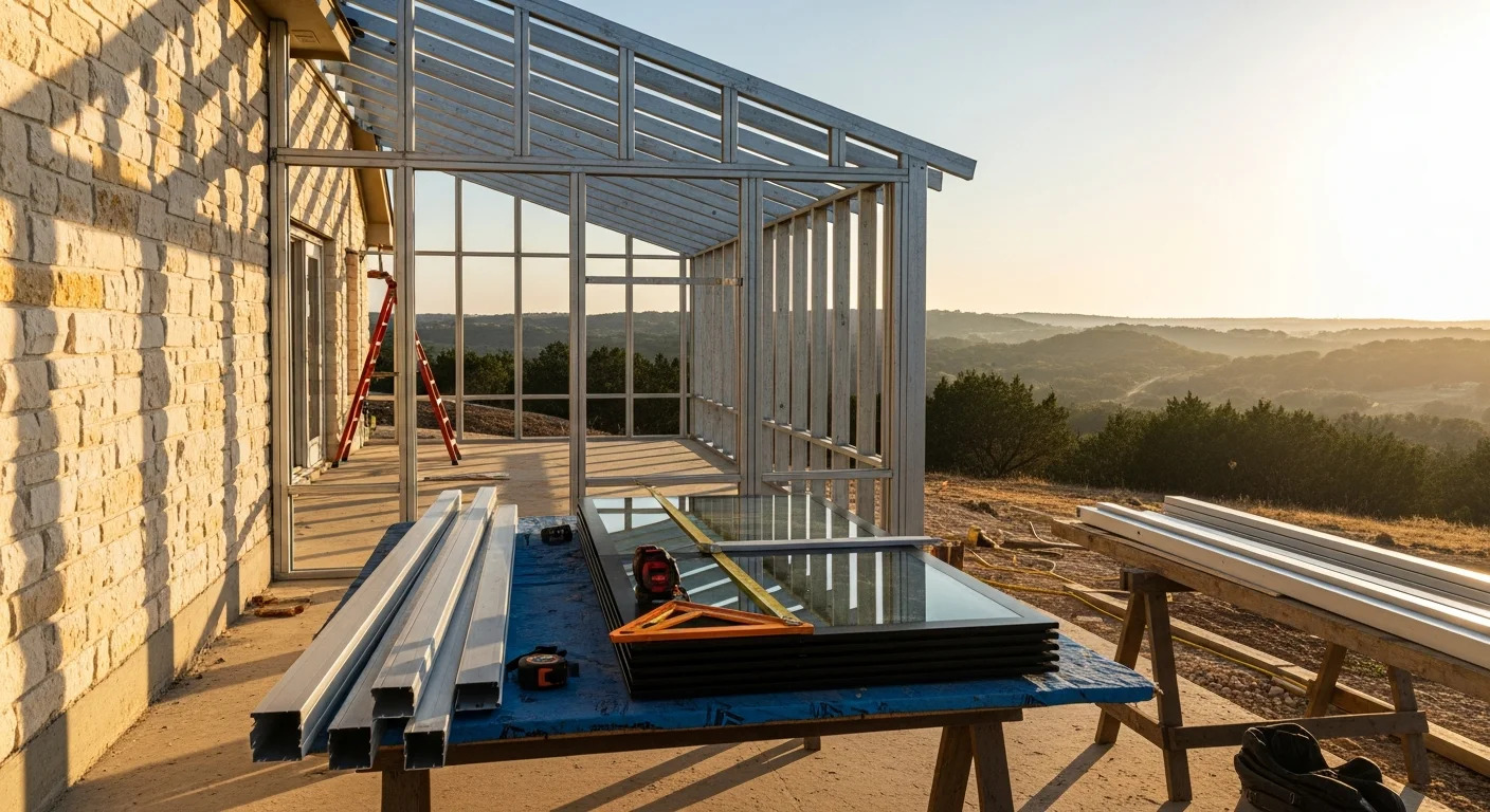 A newly installed glass-wall sunroom attached to a single-story home in Bulverde, Texas, with views of the surrounding Hill Country landscape. The enclosed room features a vaulted roof structure and full-length windows that bring in natural light while keeping the interior protected from outdoor heat and insects.